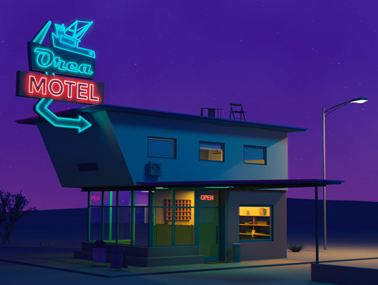 Ilustración 3D dun motel de noite
